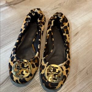 Tori Burch Leopard Print Ballet Flats with Gold Accent